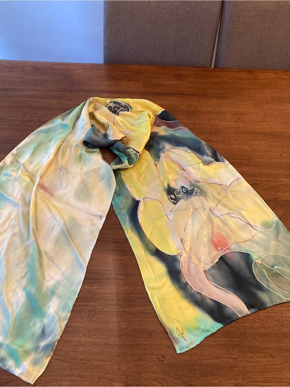 Hand-Painted signed Joyita Ghose Floral Silk Scarf - Yellow & Teal. NEW